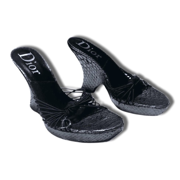 Dior John Galliano Vintage Black Python Embellished Charm Sandal Platform Heels - Picture 7 of 14